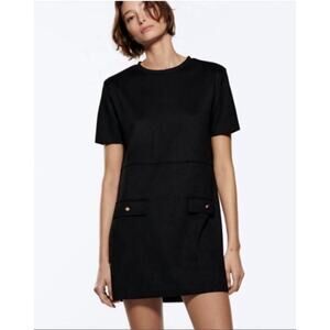 Zara faux suede black dress with gold pocket details women's size small